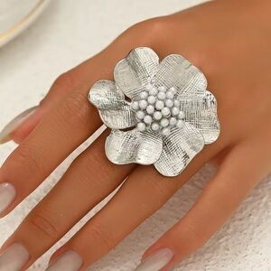 Anthropologie Flower Silver Pearl Adjustable Ring